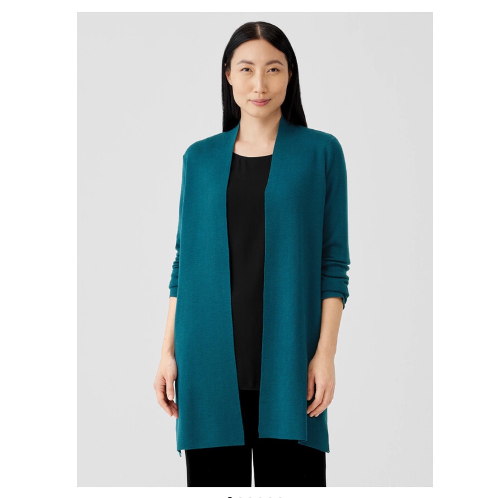 Eileen Fisher 100% Merino Wool Long Cardigan In Blue Spruce, Size L